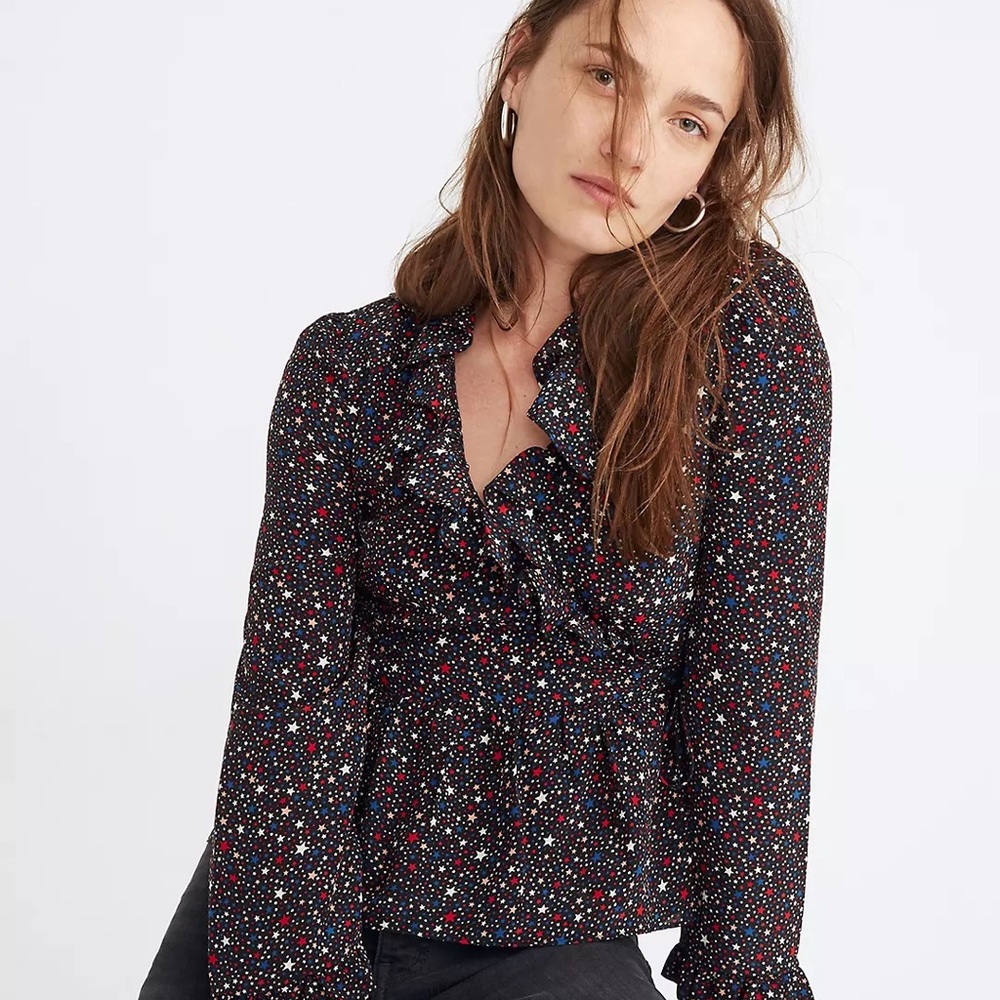 Madewell Silk Wrap Ruffle Top in Starry Night